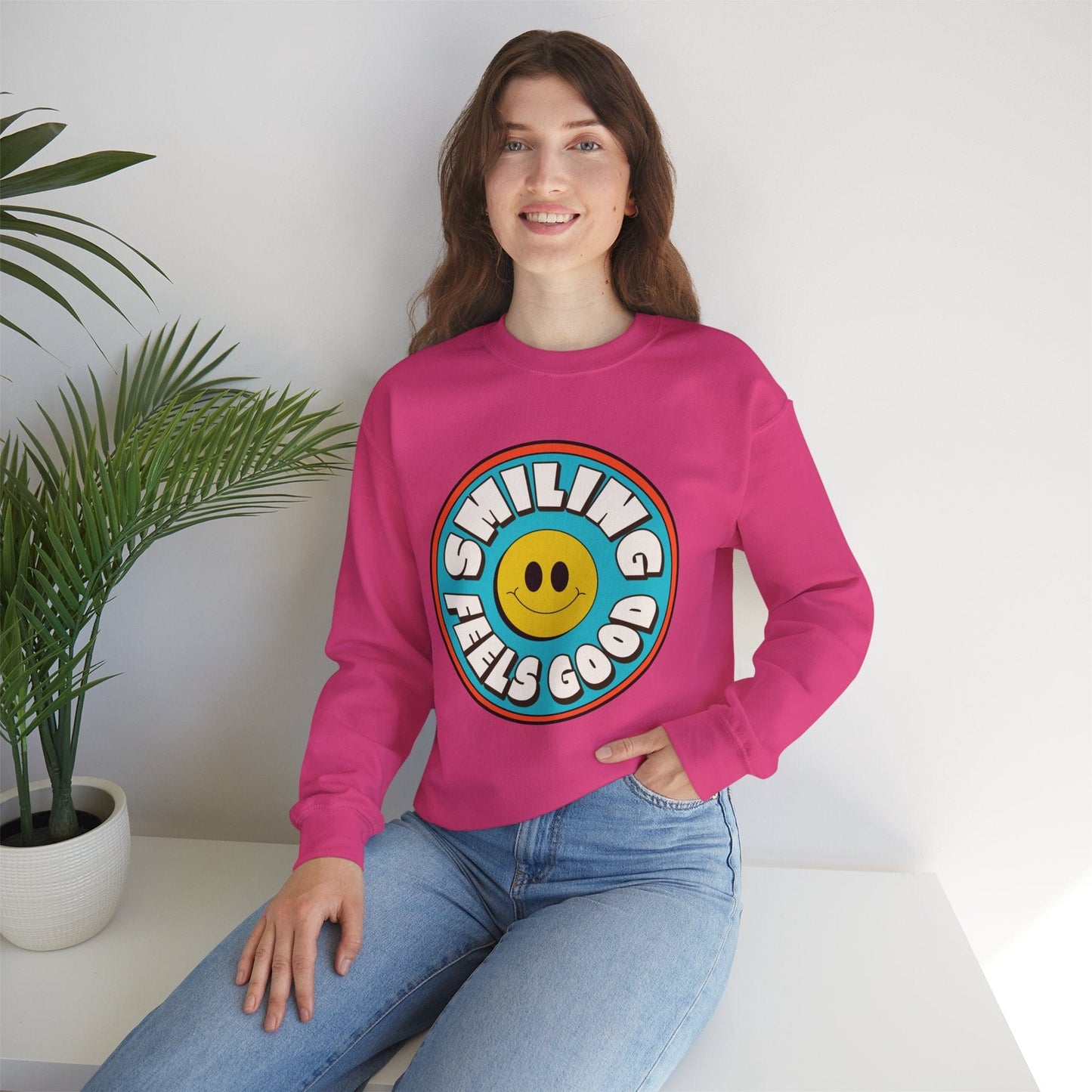 Smiling Feels Good Crewneck Sweatshirt for Positivity Lovers