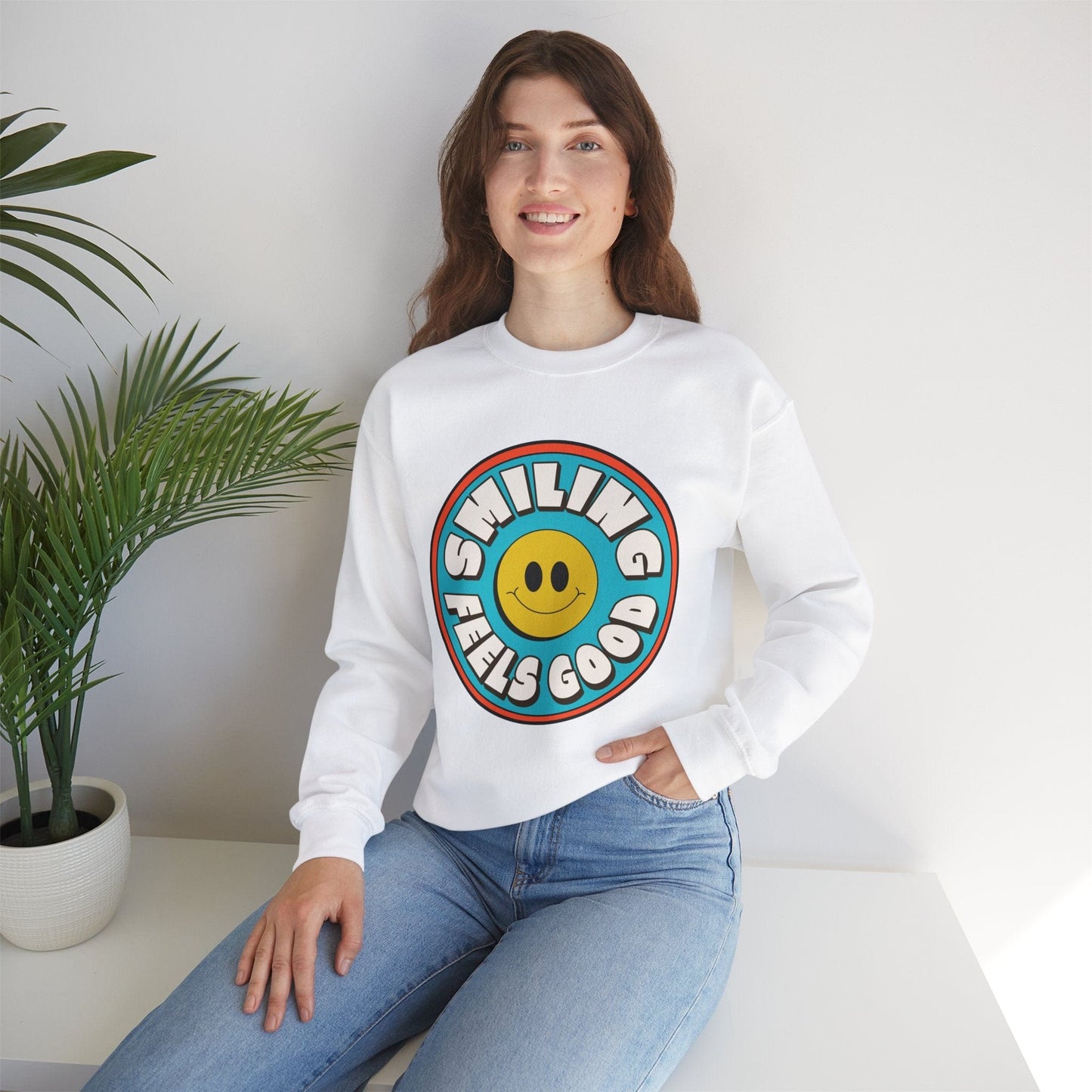 Smiling Feels Good Crewneck Sweatshirt for Positivity Lovers