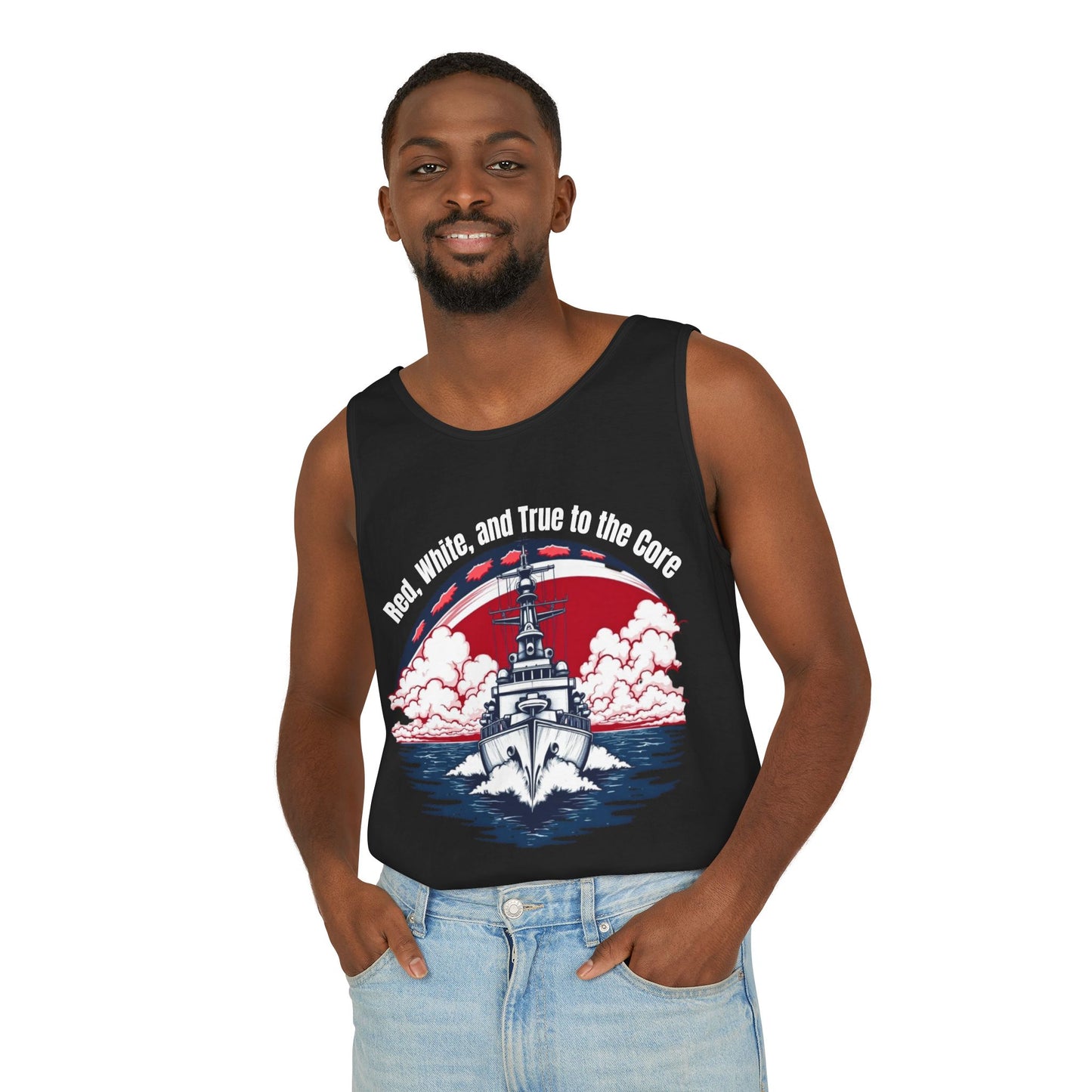 Tank Top: Red, White, and True to the Core Patriotic Design with Navy Ship