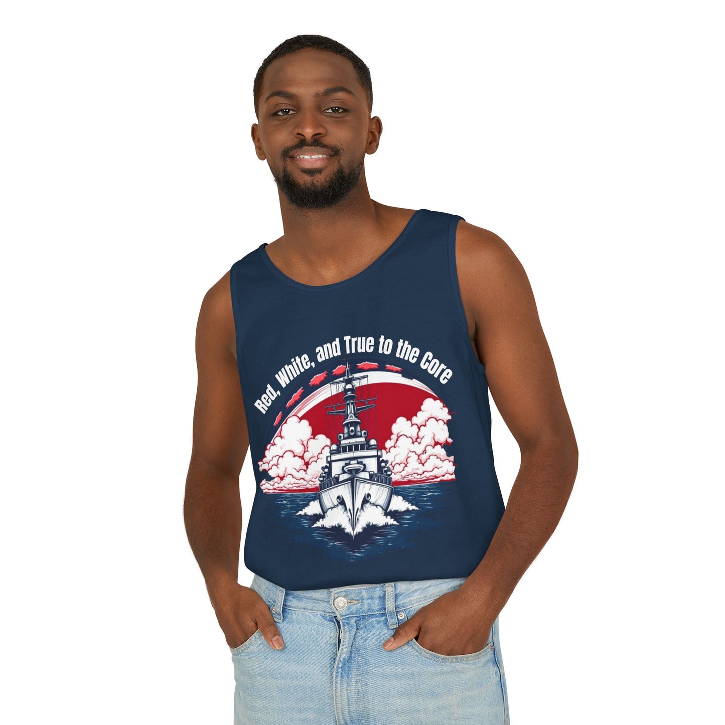 Tank Top: Red, White, and True to the Core Patriotic Design with Navy Ship