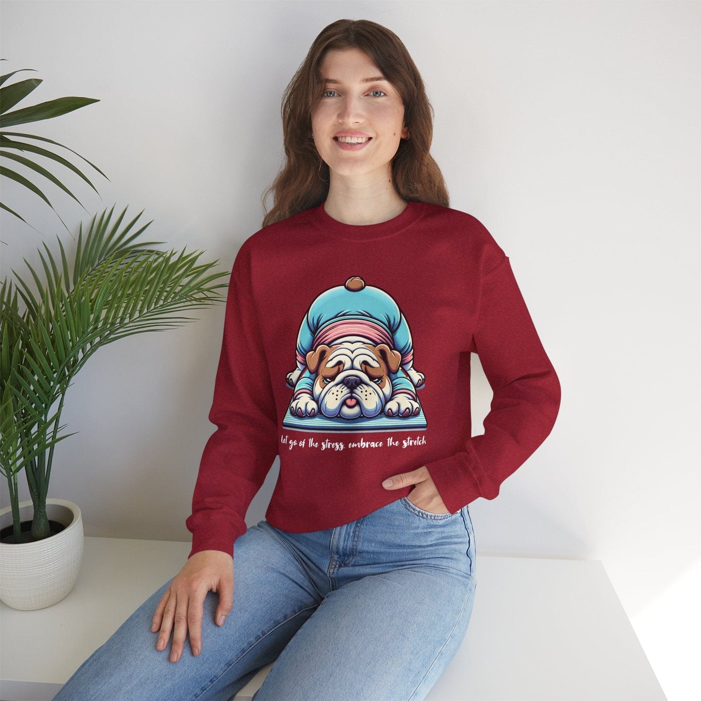 Bulldog Yoga Sweatshirt | Let Go of the Stress Design