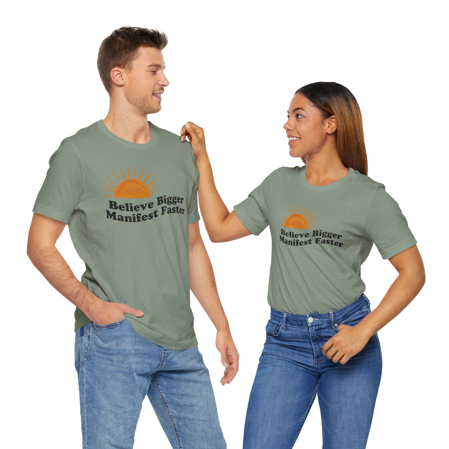 Motivational Unisex Jersey Tee - 'Believe Bigger, Manifest Faster'