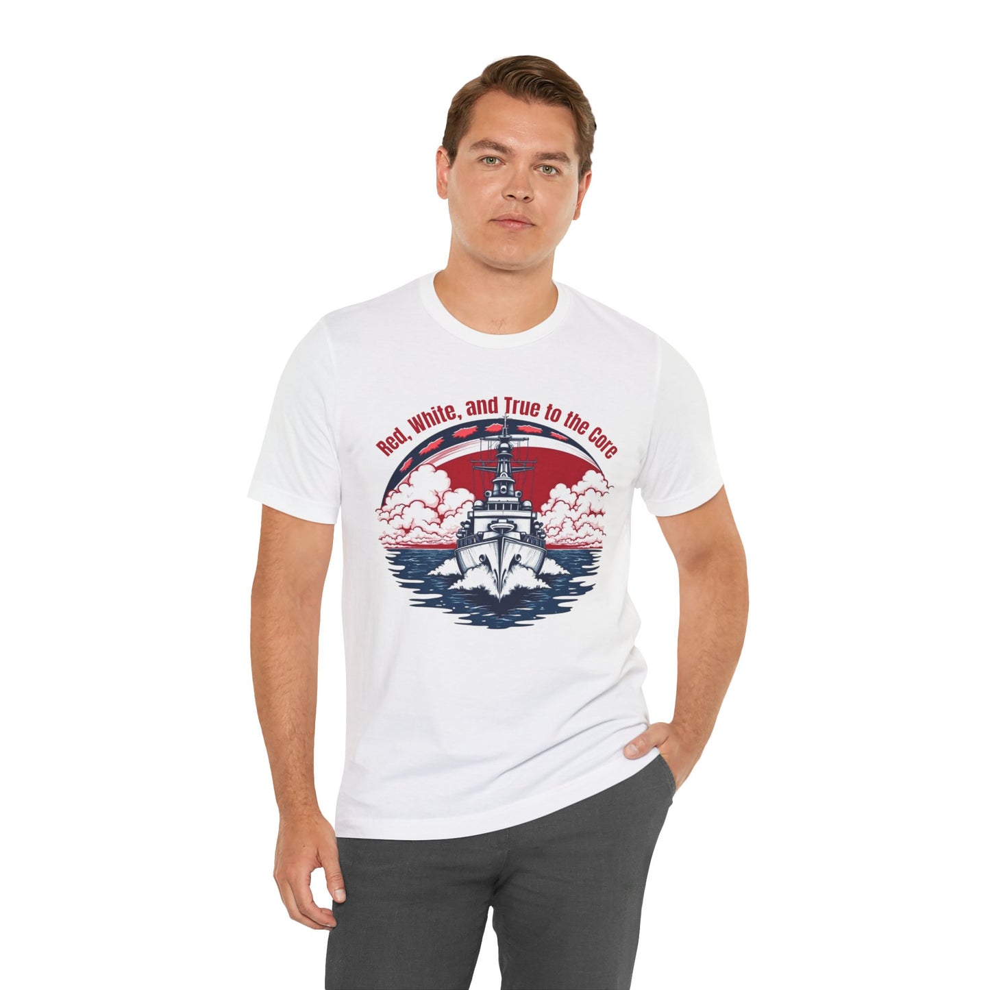 Patriotic Unisex Jersey T-Shirt - "Red, White, and True to the Core"