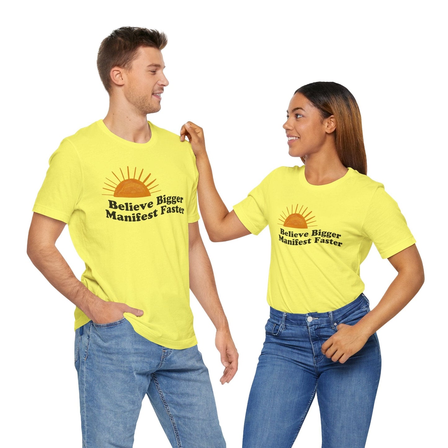 Motivational Unisex Jersey Tee - 'Believe Bigger, Manifest Faster'