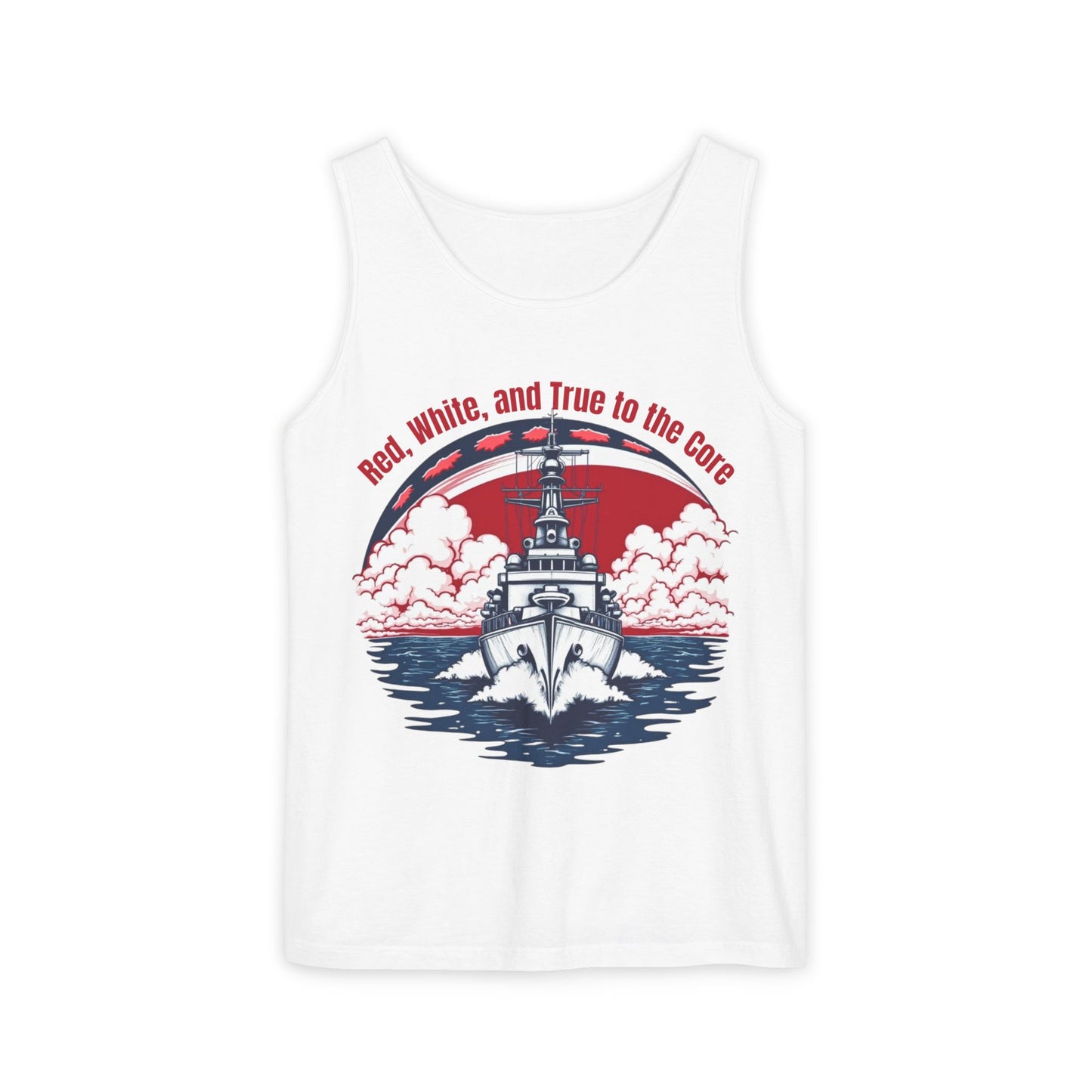 Tank Top: Red, White, and True to the Core Patriotic Design with Navy Ship