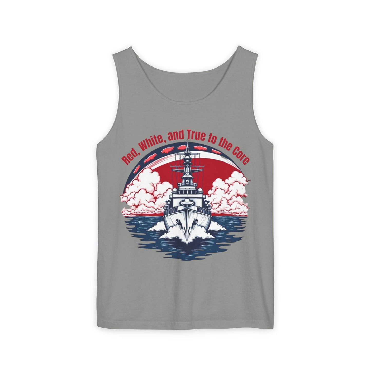 Tank Top: Red, White, and True to the Core Patriotic Design with Navy Ship