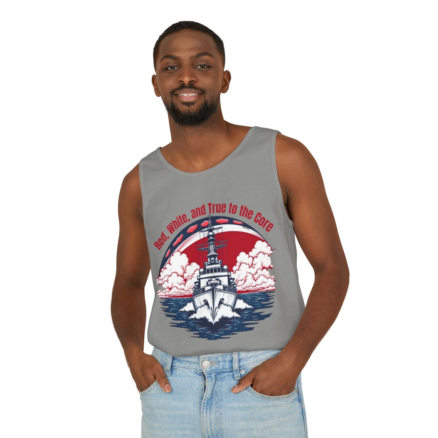 Tank Top: Red, White, and True to the Core Patriotic Design with Navy Ship