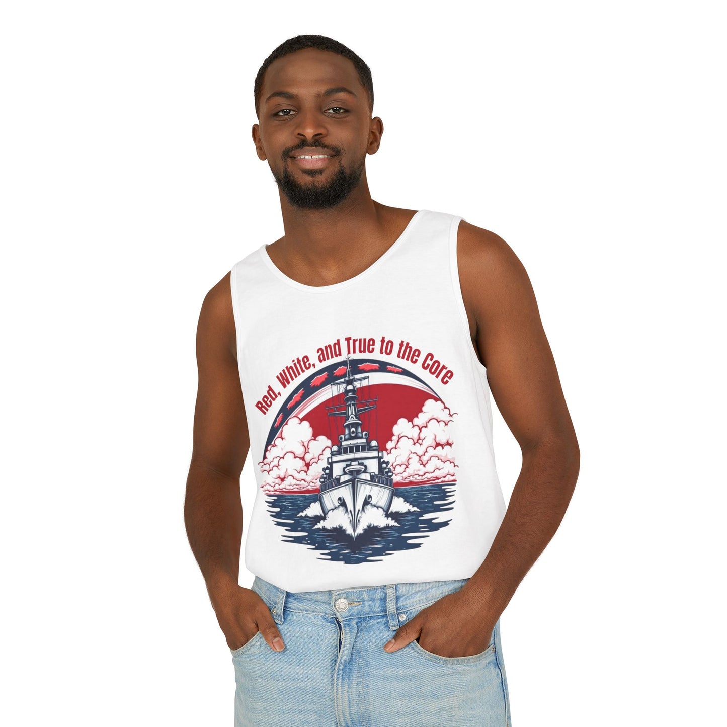 Tank Top: Red, White, and True to the Core Patriotic Design with Navy Ship