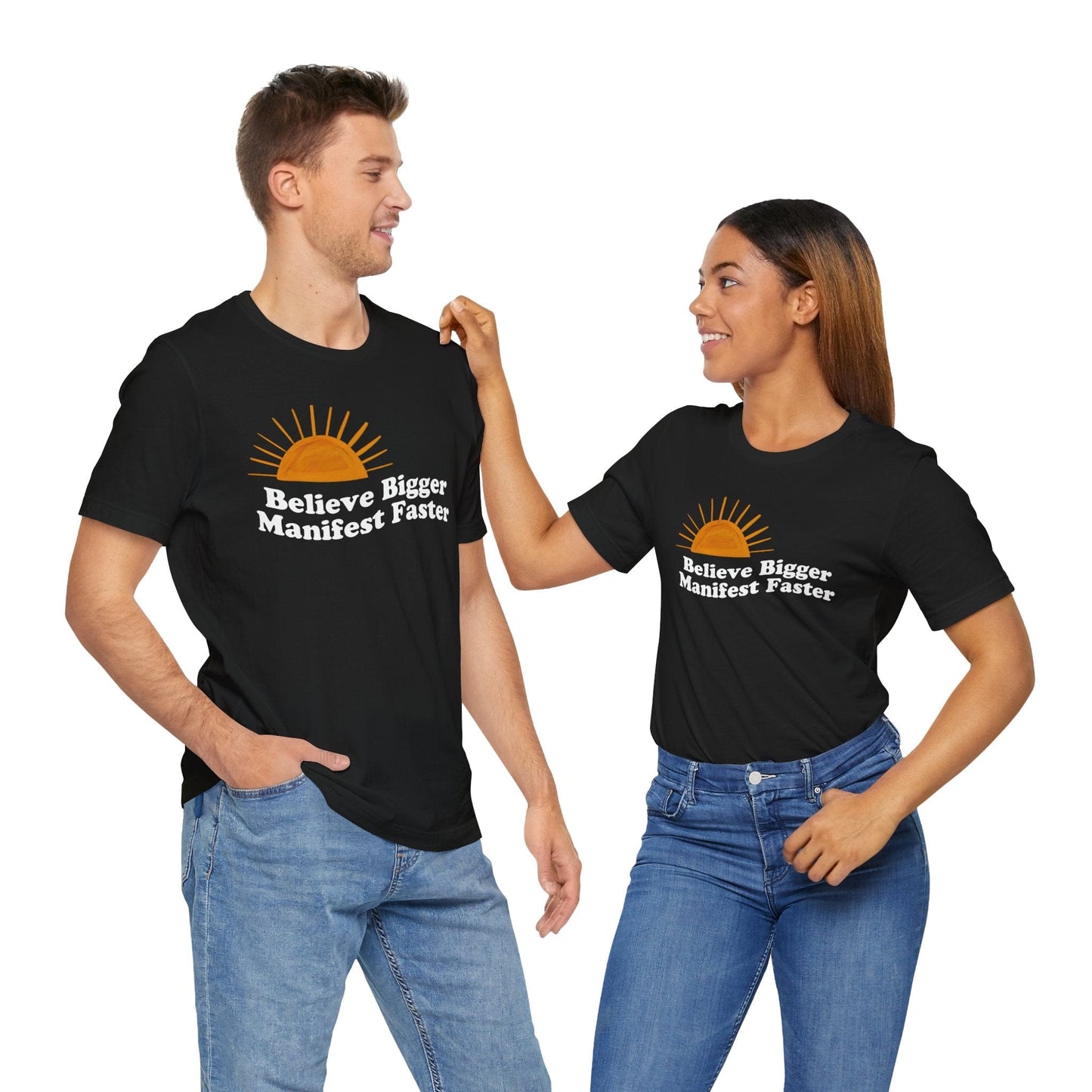 Motivational Unisex Jersey Tee - 'Believe Bigger, Manifest Faster'
