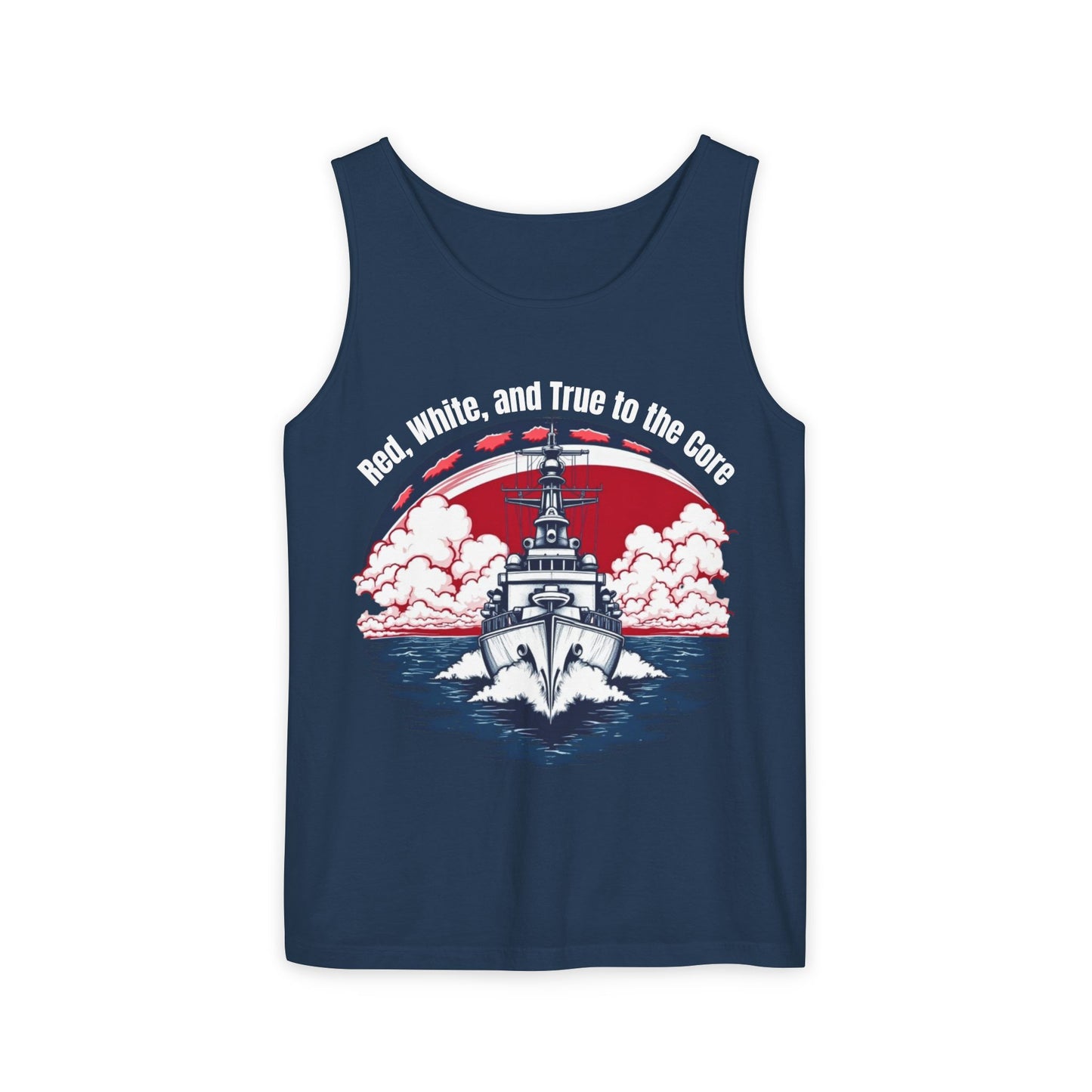 Tank Top: Red, White, and True to the Core Patriotic Design with Navy Ship