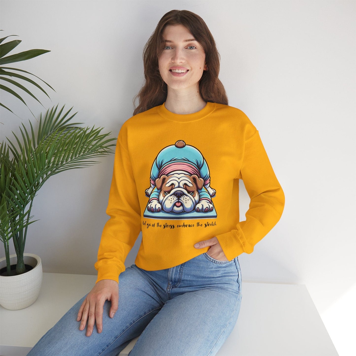 Bulldog Yoga Sweatshirt | Let Go of the Stress Design