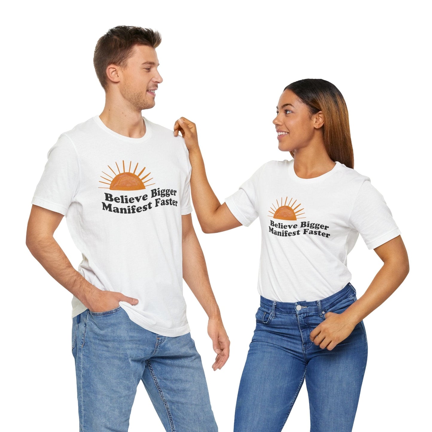 Motivational Unisex Jersey Tee - 'Believe Bigger, Manifest Faster'