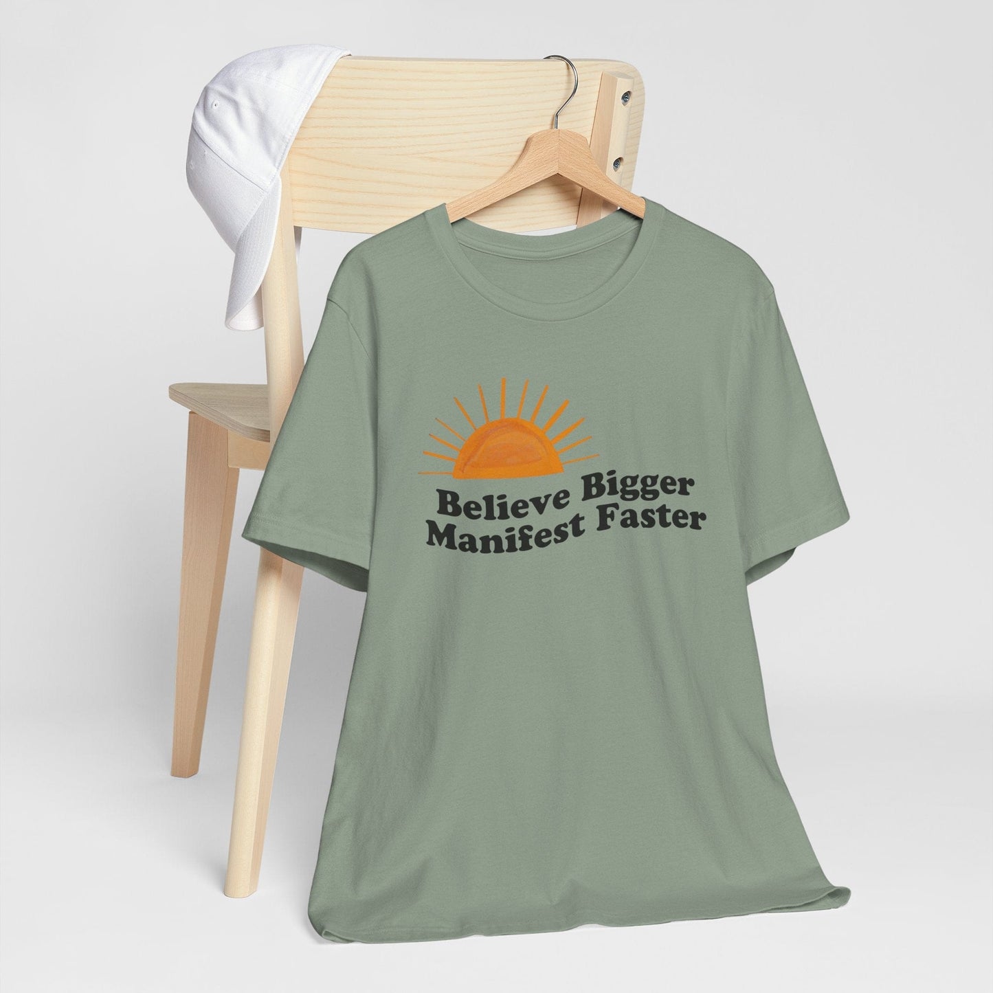 Motivational Unisex Jersey Tee - 'Believe Bigger, Manifest Faster'